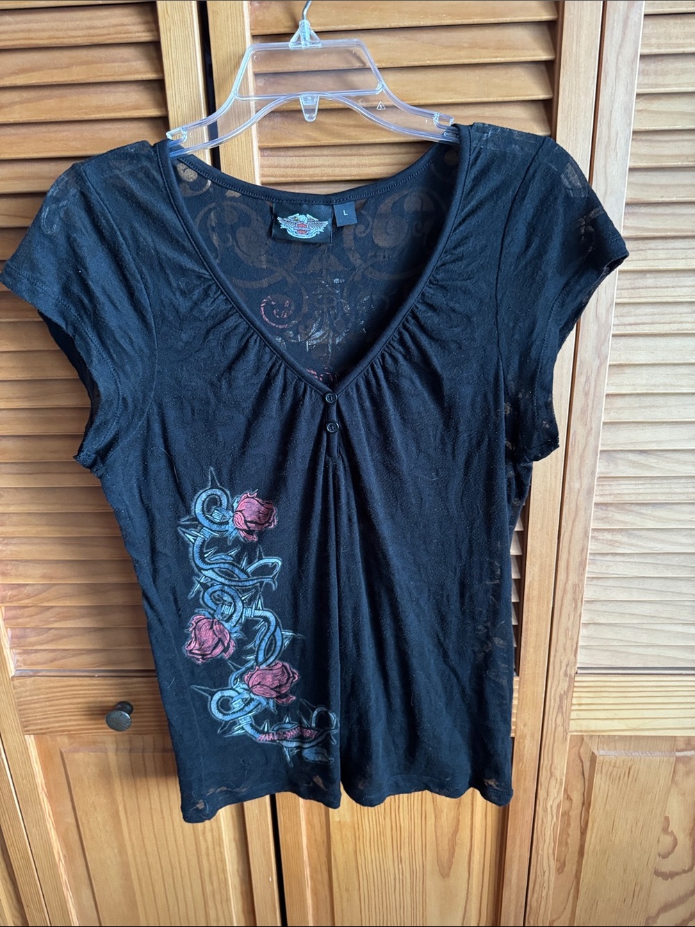 Harley Davidson Black V-Neck Short Sleeve Top with Rose Detail